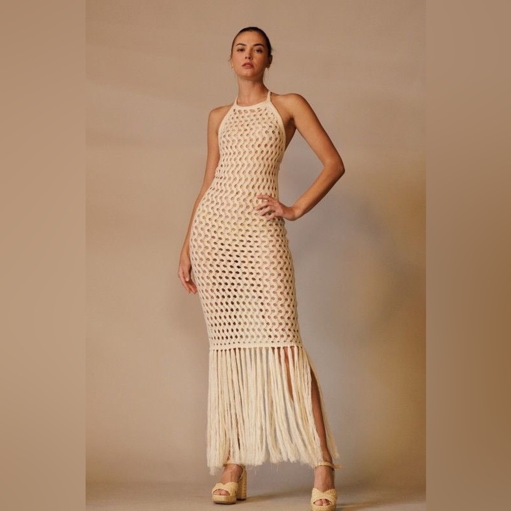 Crochet Halter Cover-Up Maxi Dress with Fringe Hem - EB Luxe